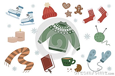 Winter hygge cozy set. Collection of cute elements for Christmas decoration. Vector Illustration